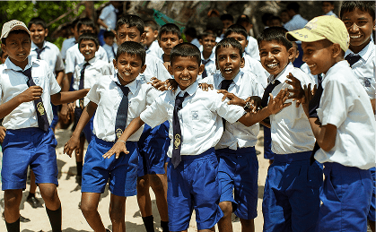 school children dressed uniform have fun play schoolyard 1